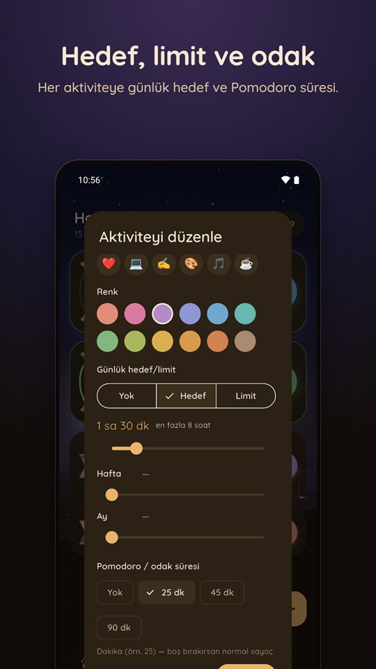 Günlük hedefi, sınırı ve Pomodoro süresi olan bir etkinlik