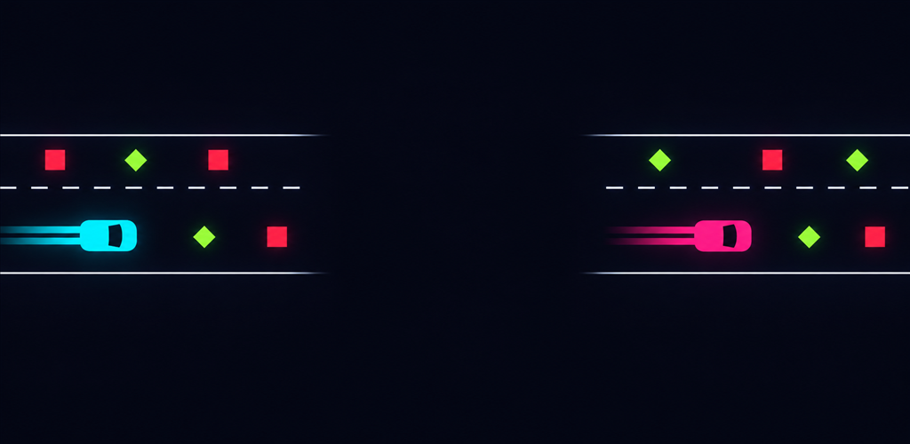 Flicklane: two neon cars racing down a dark two-lane road